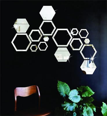 Simple 4 & 12 Hexagon Different Shapes Golden Mirror Stickers For Bed Room