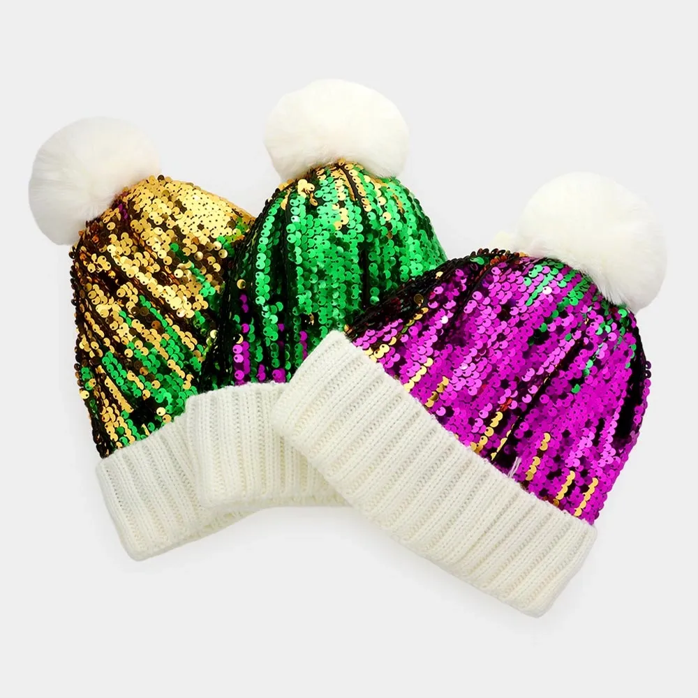 Mardi Gras Stripped Color Block Sequin Beanie Cap | eBay display picture 3