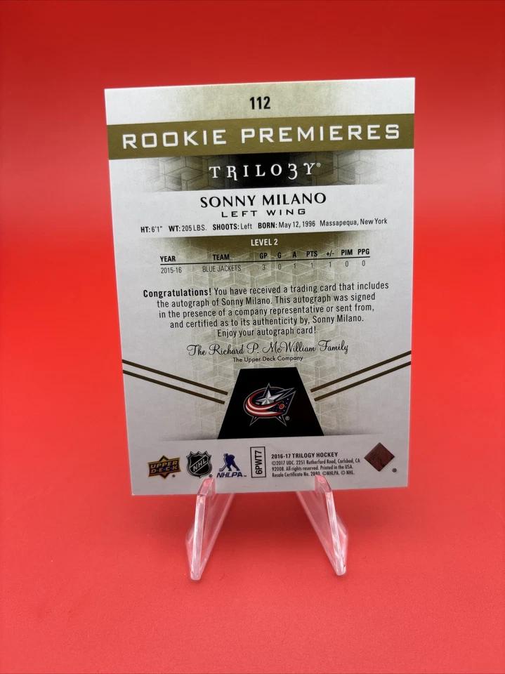 2016 Upper Deck Trilogy Premieres Level 2 /275 Sonny Milano #112 Rookie Auto RC - Image 2 of 2