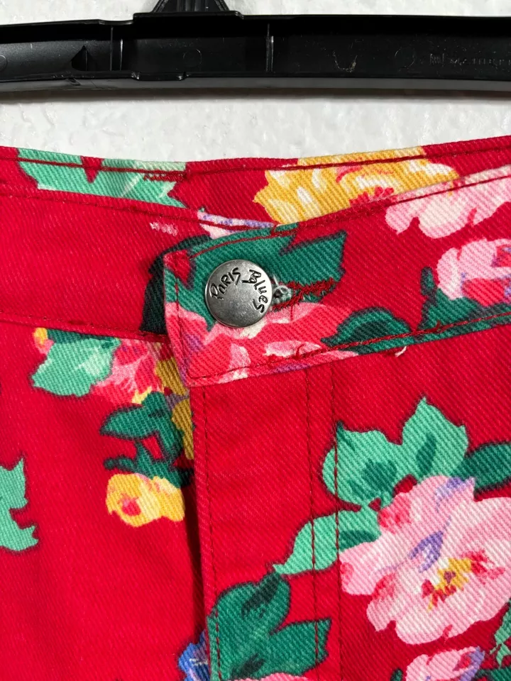 Pantalones Cortos Vintage Y2K Paris Azul Pequeño Talla 11 Rojo Floral Cintura Alta Algodón Denim Foto 4 de 4