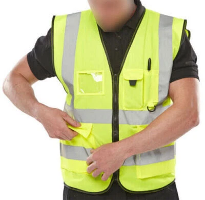 HI VIS VIZ VEST HIGH VISIBILITY WORK WAISTCOAT WITH PHONE & ID POCKETS YELLOW