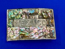 Mexico Alabone Sea Shell In Laid Grid Pattern Vintage Belt Buckle