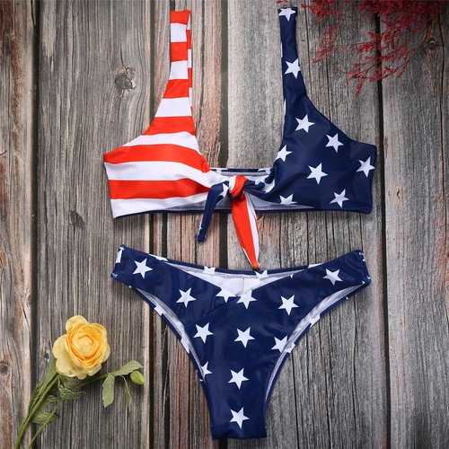 2 Pieces American Flag High Cut Bikini Swimsuit Tie Knot Front Swimwear Set - Picture 2 of 7