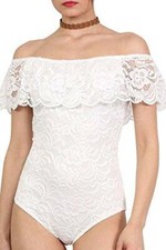 Womens Lace OFF The Shoulder Frill Stretch Top / Bodysuit Party Club