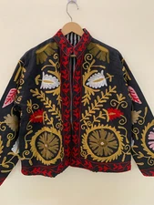 Boho Hand Embroidered Cotton Canvas Suzani Short Jacket | Autumn Winter Coat