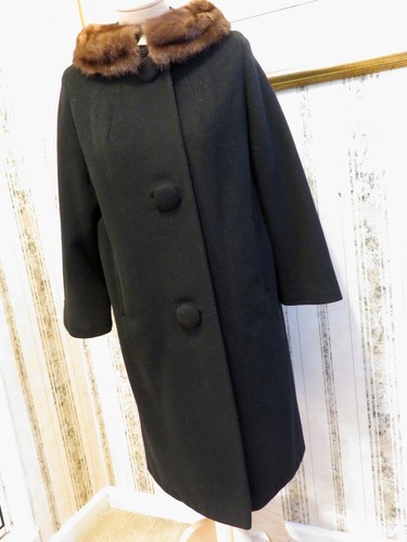 1960's Jacki-O Black Wool Cashmere Coat Genuine Mink 2-Way Collar Size 8/Medium - Picture 2 of 11