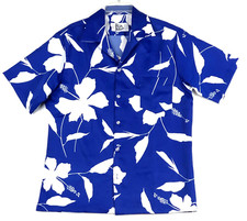 Vintage Hilo Hattie Shirt Mens L Blue White Floral Polyester Hawaiian USA Made