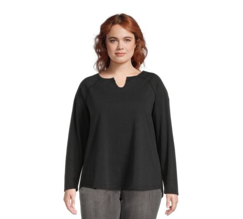 Terra & Sky Women’s Plus Size Split Neck Tee with Long Raglan Sleeves, Size 2X