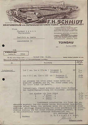 Torgau, invoice 1936, envelope-paper equipment factory F. H. Schmidt
