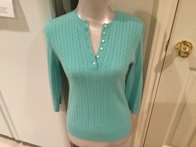 Women's Geneva 2-ply CASHMERE light blue partial button sweater 3/4 sleeve S NWT
