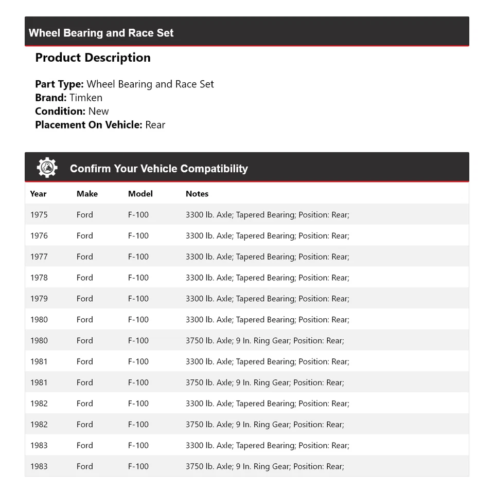 Juego de cojinetes de rueda y carreras trasero Timken 1976 1977 1978 para Ford F-100 1975-1983 Foto 2 de 4
