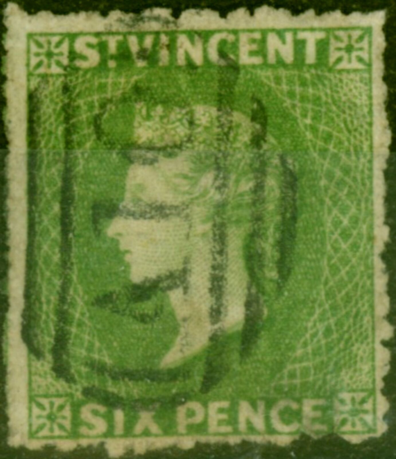 St Vincent 1871 6d Green SG16 Watermark Star Rough Perf Fine Use