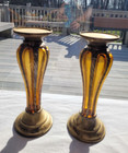 Set of 2 Vintage Pillar Candle Holders Ornate Silver Plate Amber Glass 10" x 4" — photo 1