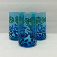 Vtg Libbey Aqua Floral Juice Glasses  4.75 in  Set of 3  70s Flower Power