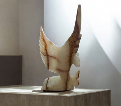 Stone sword fish Figurine Sculpture Beige Brown Polished Finish  