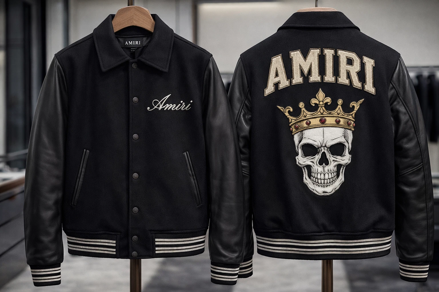 AMIRI Black Varsity Jacket Wool Body Genuine Leather Sleeves Skull Crown Embroid