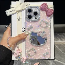 For iPhone 17 16 Pro Max 15 14 13 12 Cute Bling Mirror Girl Case Cover w/ Chain