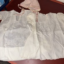 Antique Baby Baptismal Gown Christening Dress Cotton Layered Slip Embroidery Cap