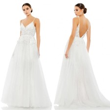 Mac Duggal 11228 APPLIQUE SLEEVELESS V-NECK OPEN BACK A-LINE GOWN WHITE 18 $798