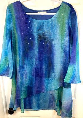 Indigo Soul Chiffon Blouse XL Tulip Layer Hem Ombre Blue Green Embellish Top