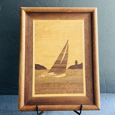 Vintage Wood Inlay Sailboat & lighthouse Framed Artwork
