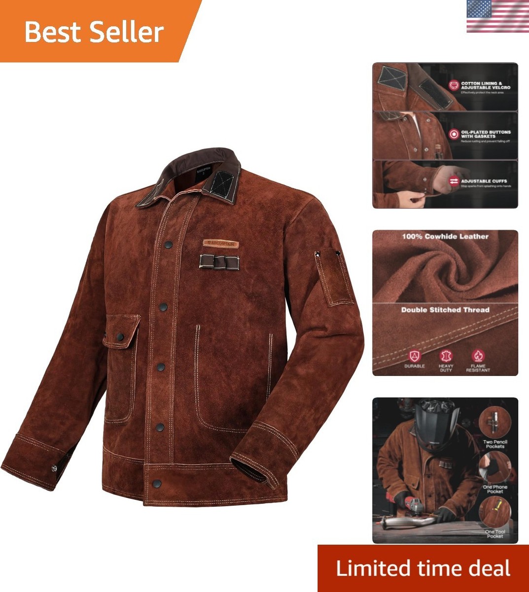 Leather Welding Jacket, Heavy Duty Welder Jackets with Flame