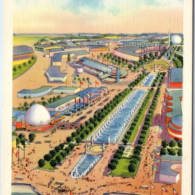 c1930s Queens, NY World Fair Constitution Mall Linen Postcard Trylon Sundial A88