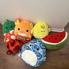 Mixed Lot Plush Stuffed Animals: Reese s, Red Panda, Dolphin, Axolotl, Fruit
