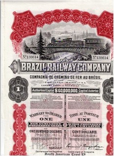 Brazil Railway Company 1910 warrant for one share top deco quality print Wat