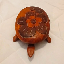 Hand-Carved Wooden Oval Trinket Box with Lid, Floral Pattern, Small Brown