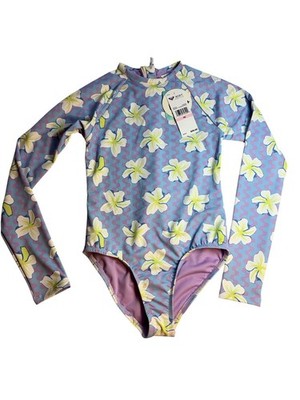 Roxy Girls 10 1 Pc Bodysuit UV Long Sleeve Rash Guard Swimsuit Floral Purple $50