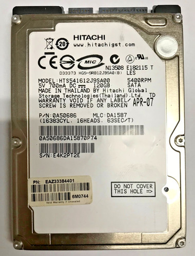 120GB SATA NOTEBOOK HDD HITACHI HTS541612J9SA00 MCL:DA1587  2,5 " #NFP1177
