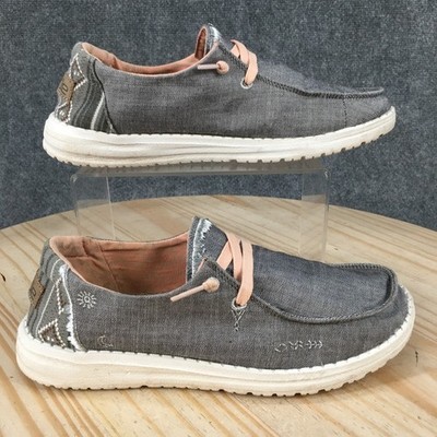 Hey Dude Shoes Womens 7 M Slip On Lace Up Moc Toe Round Toe Fabric Gray Peach