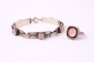 Silver Oxidized Georg Kramer Rose Quartz Mid Century Ring EU 57 Bracelet x2 18.2
