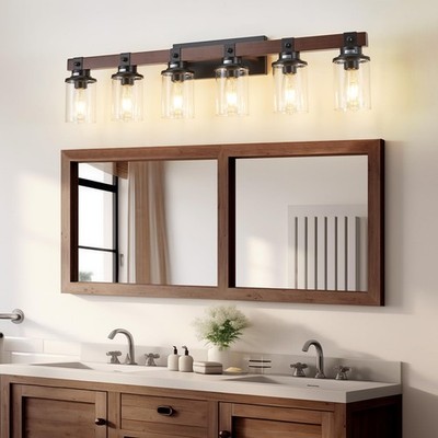 42'' 6 Lights Vanity Light Vintage Wood Black LED Bathroom Mirror Wall Fixture UL