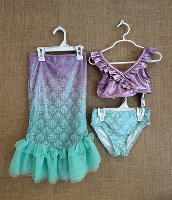 Disney Store Girls Purple Green Ariel Deluxe 3 Piece Swimsuit Size 5/6