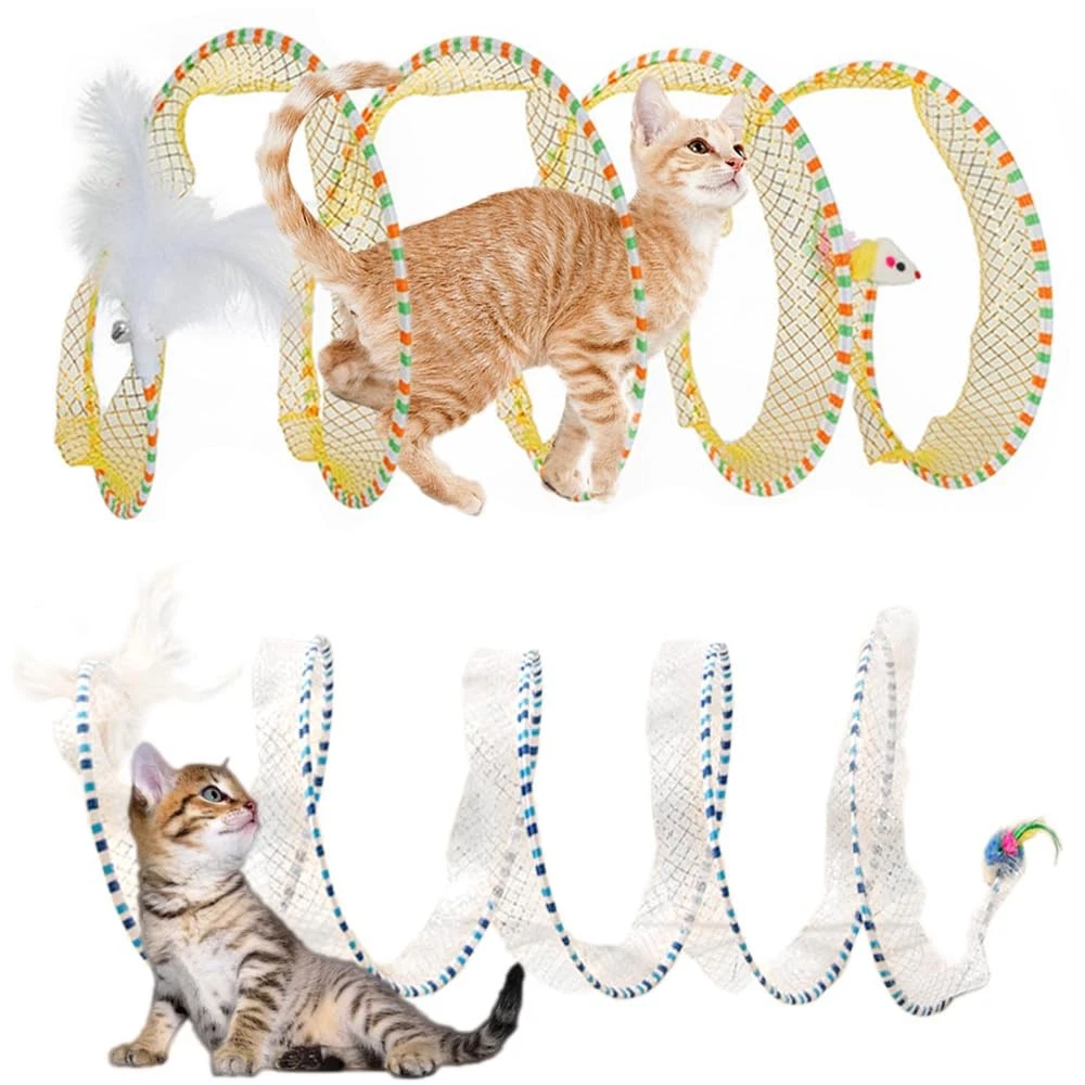 Spiral Tunnel Cat Toy 2 Pcs, 25.59 Inches Unfolded with Cat Wand Self Play Co...