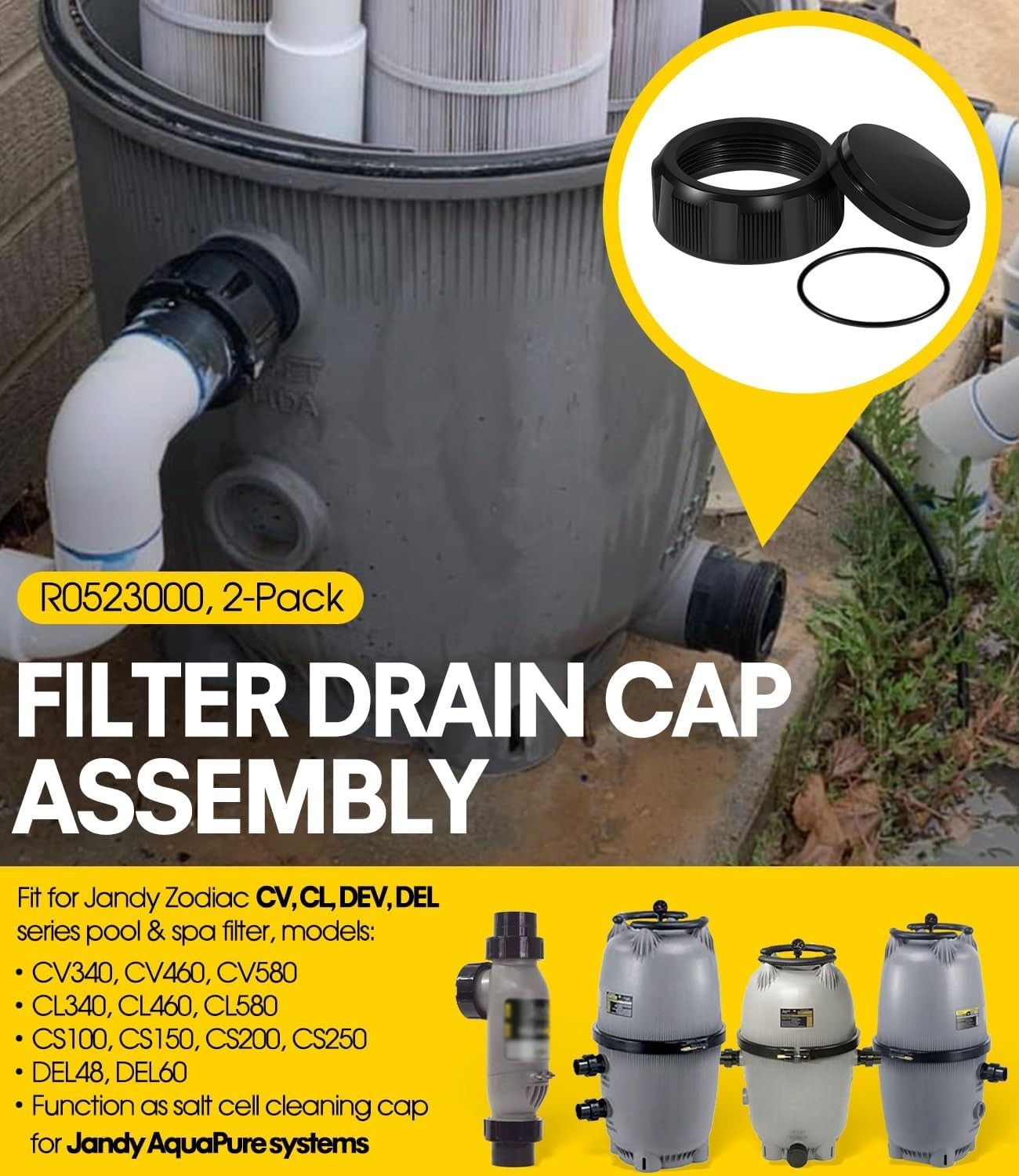 For Jandy Pool Spa Filter Salt Cell Cleaning Cap & Drain Cap Assembly R0523000