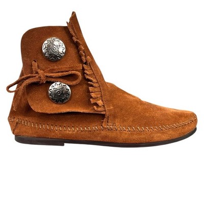 Minnetonka Women's Two Button Brown Suede Moccasin Ankle Boot Size