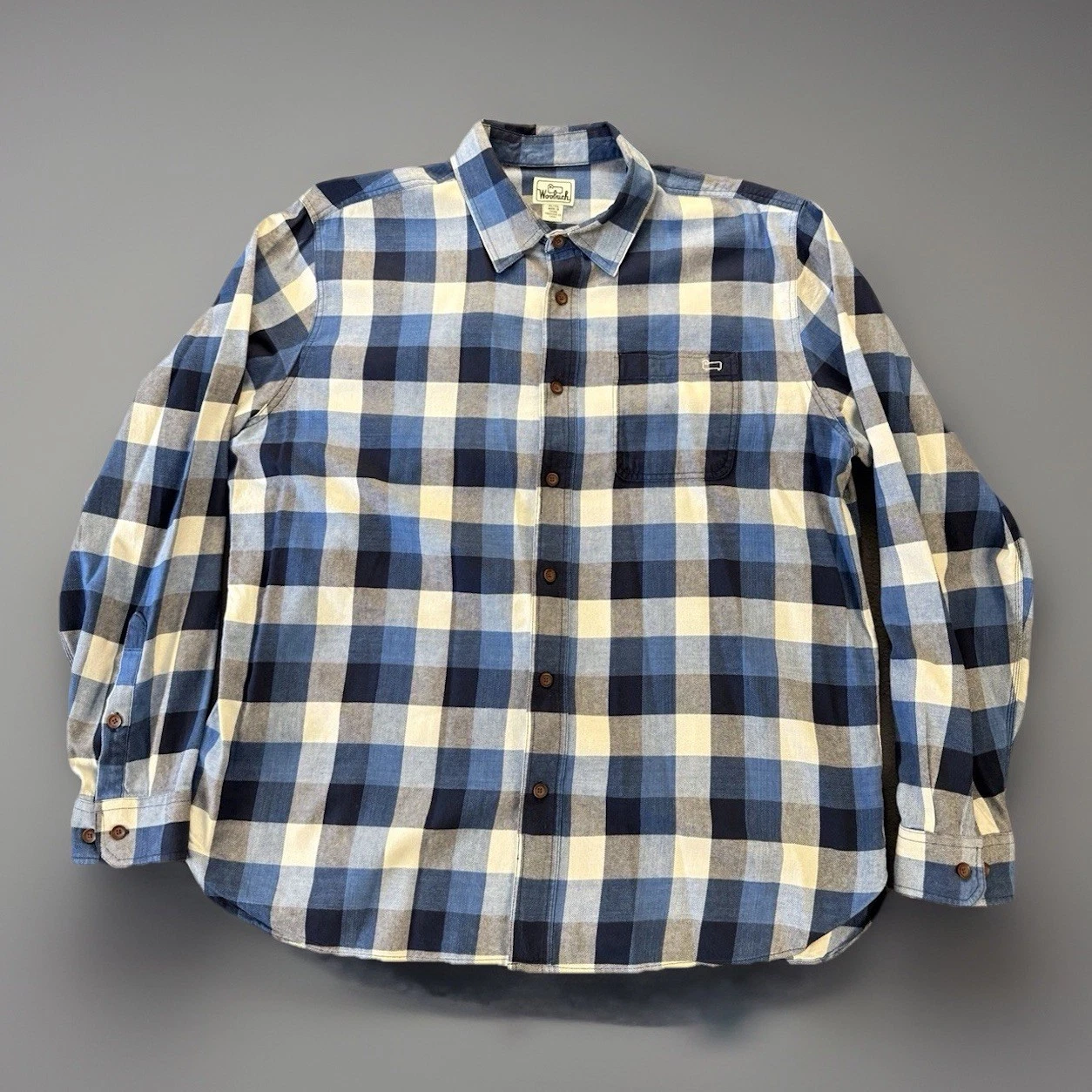Woolrich Plaid Flannel Shirt Mens XL Blue Cream Button Up Casual Outdoor