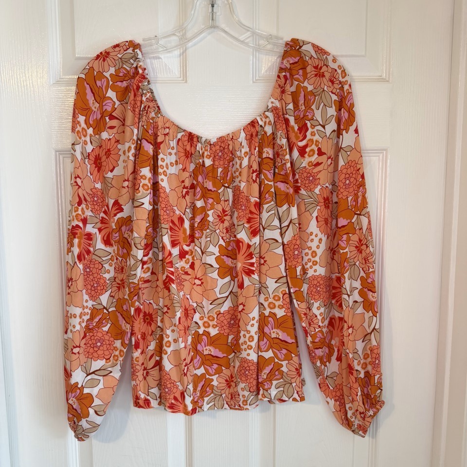 Pink Lily Womens Floral Peasant Blouse Boho Retro Long Sleeve Top Orange Small
