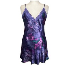 CA Dynasty Vtg 90s Satin Chemise Slip Dress M Purple Lace Floral Dark Cottage