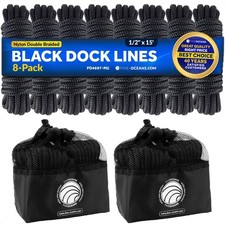 Five Oceans 8-Pack 1/2" x 15' Boat Dock Lines, Black Double Braided Nylon, Marin