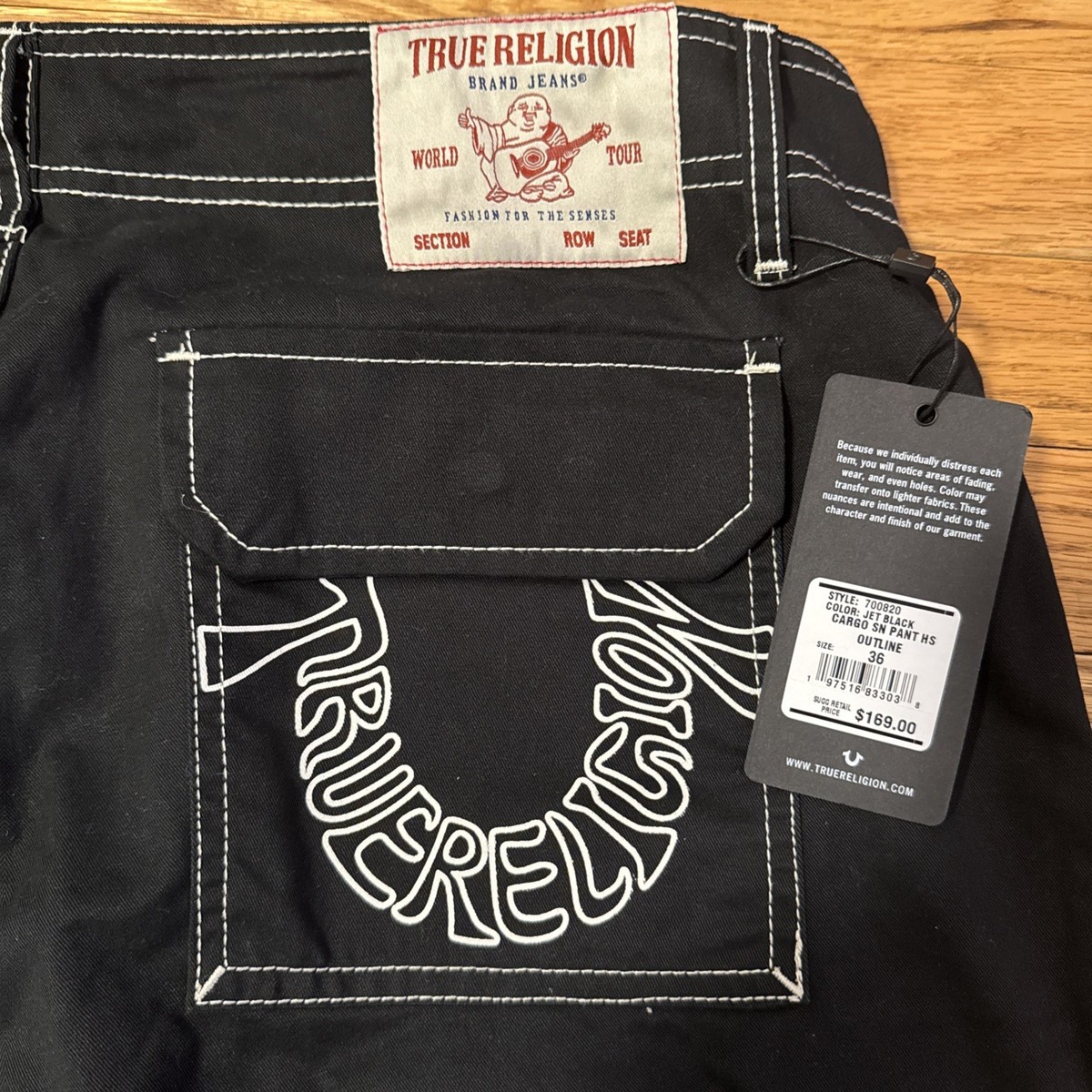 True Religion Jeans Cargo Pants Jet Black Men's Size 36x32 White