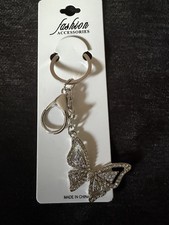 Butterfly Keychain Purse Bag Charm Bling Rhinestone Silver Tone