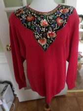 Ladies Size Large Vintage Victoria Harbour Heavily Embellished Red Sweater