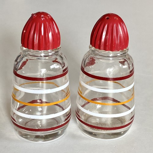 Vintage HAZEL ATLAS Atomic Clear Glass Stripe Salt & Pepper Shakers Metal Top - Afbeelding 2 van 11