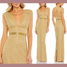 NWT $598 Mac Duggal [ 6 ] 5625 Beaded Cap Sleeve V Neck Column Gown Gold #J728
