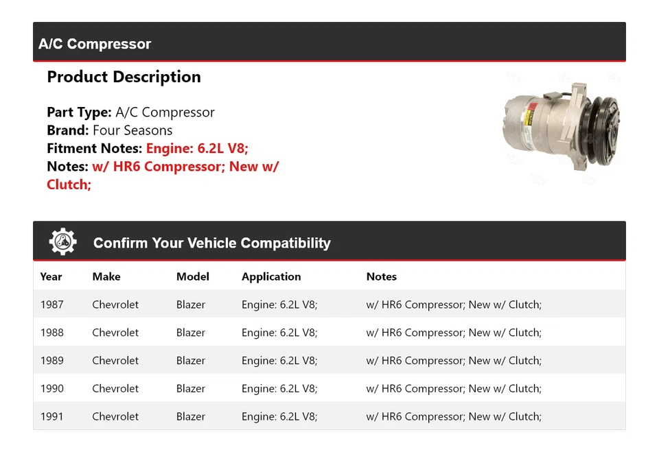 Compresor de aire acondicionado V8 6,2 L 1987-1991 4 estaciones 1988 1989 1990 Foto 2 de 4