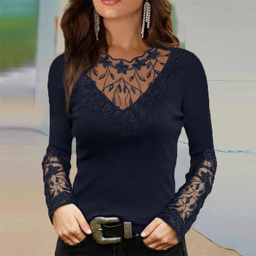 Sexy Lace Deep V Neck Long Sleeve T-shirt Female Fashion Solid Color Slim Tops - Picture 22 of 27